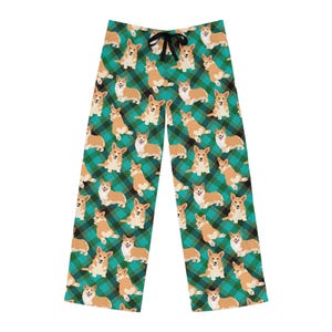 Corgi Pajamas for Him, Mens Funny Pajama Pant Gift Ideas for Christmas, Custom Dog Lover Gift for Dad, Cozy Green Plaid Pjs Lounge Bottoms
