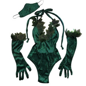 Poison Ivy Velvet Cosplay/Costume/Outfit 3pc Set: Bodysuit, Gloves, & Mask