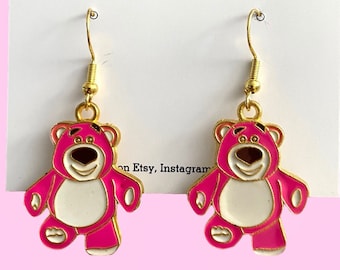 Lots - O’ - Huggin’ Bear inspired drop earrings, Toy story earrings, lotso earrings, lotso bear earrings, toy story jewellery