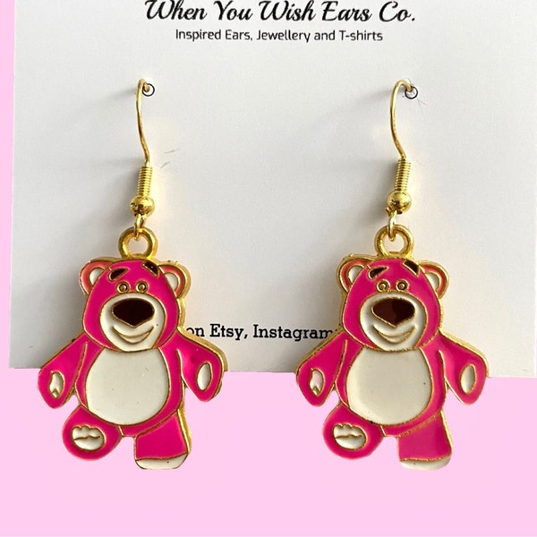 Lots - O’ - Huggin’ Bear inspired drop earrings, Toy story earrings, lotso earrings, lotso bear earrings, toy story jewellery