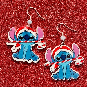 Stitch Christmas Earrings, Acrylic Earrings, Santa stitch earrings, stitch earrings, lilo and stitch earrings, stitch candy cane earrings image 1