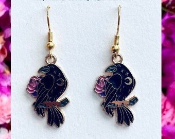 Crow and flower dangle drop earrings, crow earrings, Halloween earrings, witch earrings, bird earrings, black crow earrings