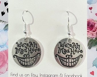 We’re all Mad here charm drop earrings, Cheshire Cat earrings, Alice in wonderland earrings, Alice earrings, wonderland earrings, cat earrin