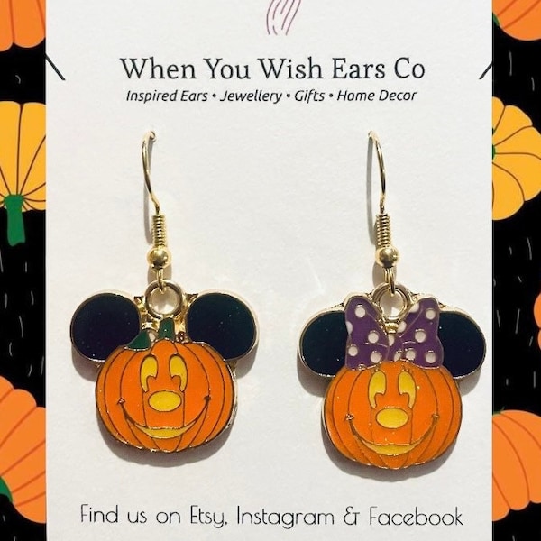 Pendientes de Mickey de Halloween, pendientes de Minnie de Halloween, pendientes de calabaza de Mickey, pendientes de calabaza de Minnie, pendientes de Halloween, disfraz de Halloween