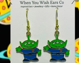Op Alien Toy Story geïnspireerde hangoorbellen, buitenaardse oorbellen, speelgoedoorbellen, buitenaardse speelgoedverhalen, buitenaardse speelgoedoorbellen