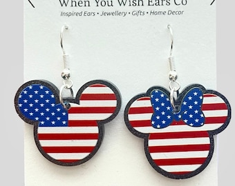 Mickey USA flag earrings, July 4th wear, Independence Day, Mickey and Minnie earrings, USA earrings