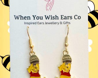 Delicados pendientes colgantes inspirados en el oso Pooh, pendientes de Winnie the Pooh, pendientes de oso Pooh, regalo de Winnie the Pooh, pendientes de miel de Pooh