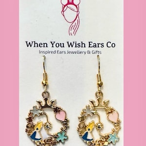Alice in wonderland inspired drop earrings gold plated, Alice earrings, through the looking glass, Alice in wonderland earrings, clock earri