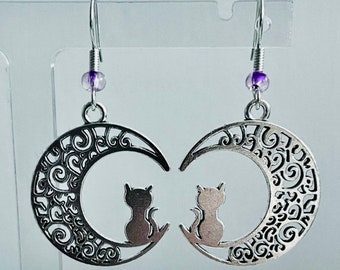 Cat on the moon dangle drop earrings, moon earrings, cat earrings, cat on the moon earrings, cat lover gift, gifts for her, astronomy earrin