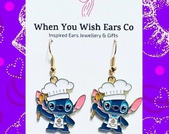 Chef Stitch earrings, lilo and stitch earrings, cute stitch earrings, Ohana earrings, stitch alien earrings, stitch jewellery