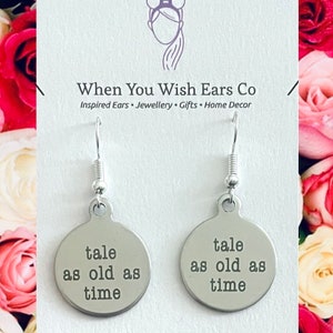 Tale as old as time engraved earrings, beauty and the beast earrings, belle earrings, tale as old as time
