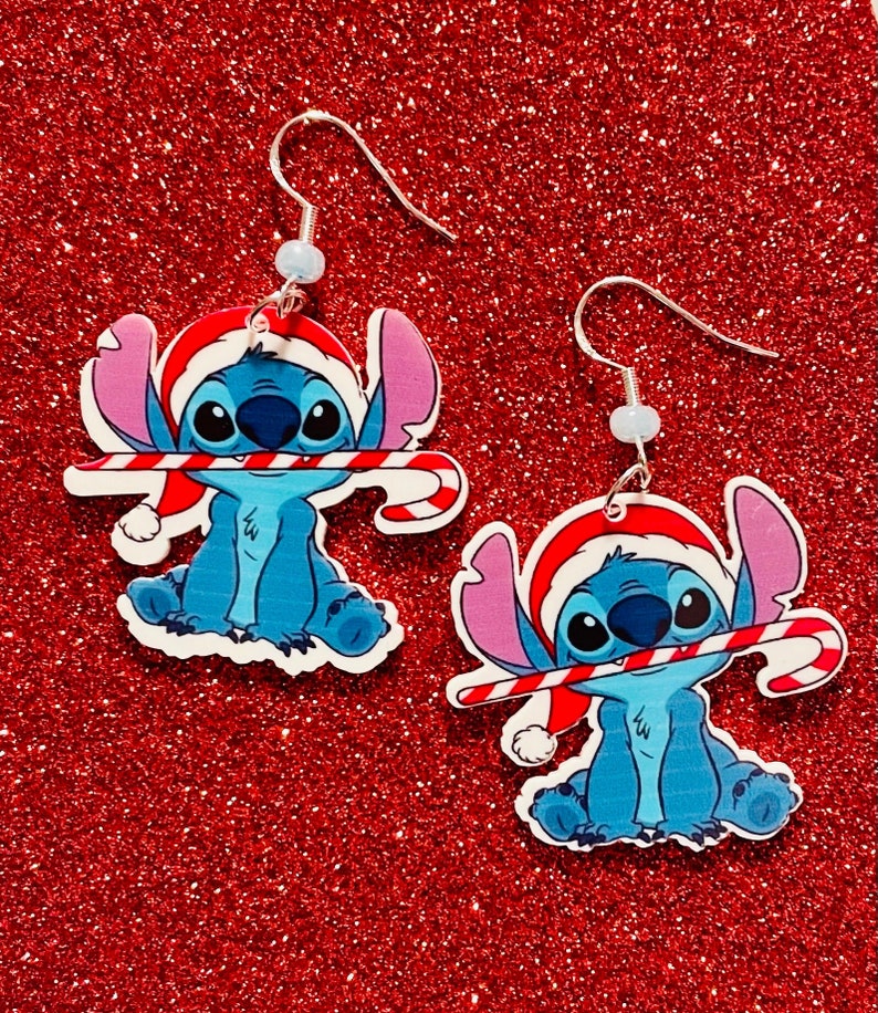 Stitch Christmas Earrings, Acrylic Earrings, Santa stitch earrings, stitch earrings, lilo and stitch earrings, stitch candy cane earrings image 1