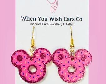 Mickey Donut earrings, pink donut earrings, Mickey snack earrings, mouse donut earrings, park snacks earrings, donut earrings,