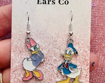 Donald and Daisy Duck metal charm drop earrings, Donald Duck earrings, Daisy Duck earrings, Mickey Mouse earrings, Minnie Mouse earrings