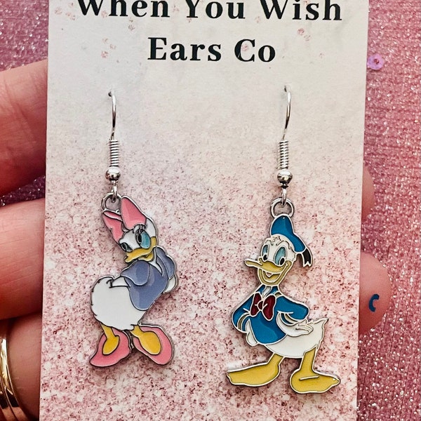 Donald and Daisy Duck metal charm drop earrings, Donald Duck earrings, Daisy Duck earrings, Mickey Mouse earrings, Minnie Mouse earrings