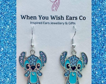 Kolczyki Sparkle Stitch, kolczyki Lilo i Stich, kolczyki Stitch, błyszczące kolczyki Stitch, Ohana oznacza rodzinę