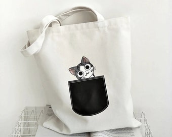 Eco Large Canvas Cute Cartoon Tote Bag, Reusable Shopping Bag, Tote Bag, Casual Shoulder  Cotton Cloth Bag, Puppy & Kitty Anime Bag