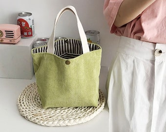 New Corduroy Bento Korean Lunch Bag, Eco Shopping Bag, Tote Bag, Waterproof Pouch, Japanese Style Canvas Bag, Picnic Work & School | EcoNara