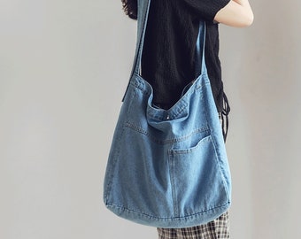 Denim Cloth Indigo Crossbody Tote Bag, Hobo Shoulder Shopper Bag, Travel Bag, Korean Fashion, School Bag, Fashion Jean bag, Holiday Gift