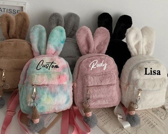 Personalized Name initial Mini Children Toddler Bunny Backpack, Kids Kawaii Custom Name Plush Faux Fur Backpack Gift for Boys Girls Ladies
