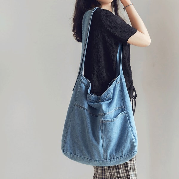 Denim Cloth Indigo Crossbody Tote Bag, Hobo Shoulder Shopper Bag, Sac de voyage, Mode coréenne, Sac d’école, Sac en jean de mode, Cadeau de Noël