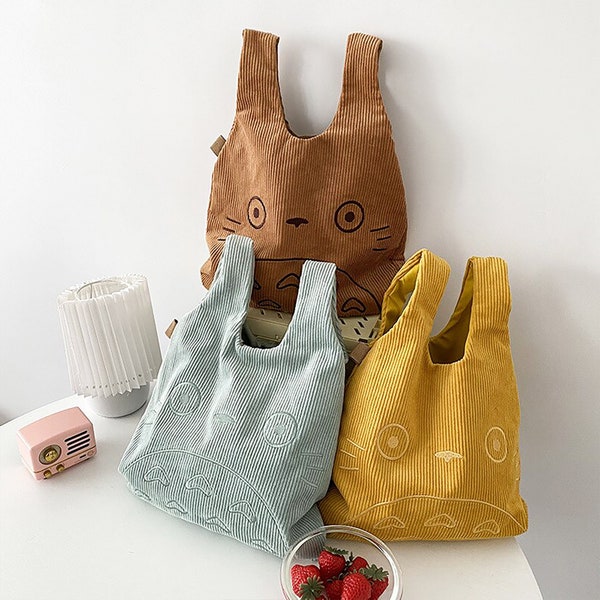 New Cartoon Corduroy Bag, Eco Shopping Bag, Tote Bento Lunch Bag, Totoro Pouch, Japanese Style Canvas Bag, Picnic Work & School Purse
