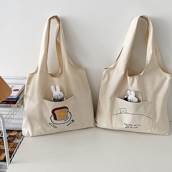 Cute Pocket Eco Canvas Bag, Toast and Bear, Shopping Bag, Tote Bag, Casual all-match shoulder Bag, Korean Style Bag, Picnic, Work & School