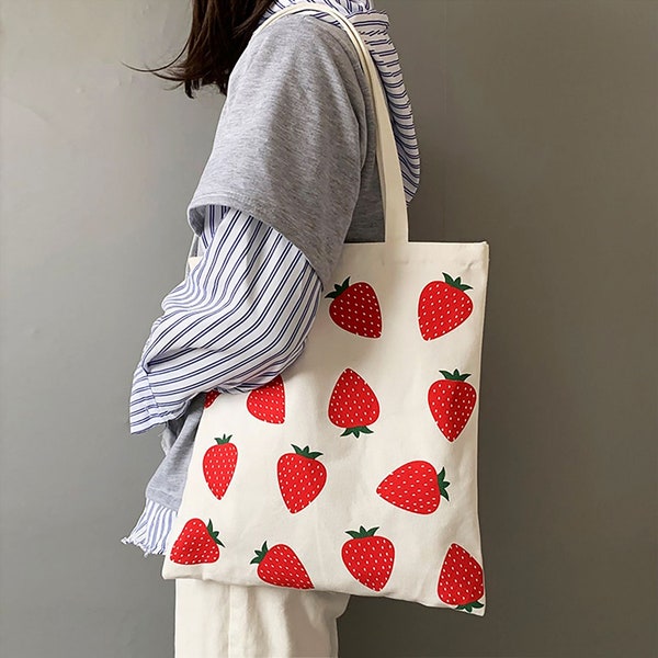 Korean Style Strawberry Printed Eco Bag, Shopping Bag, Tote Bag, Casual all-match shoulder Bag, Canvas Bag, Picnic, Work & School | EcoNara