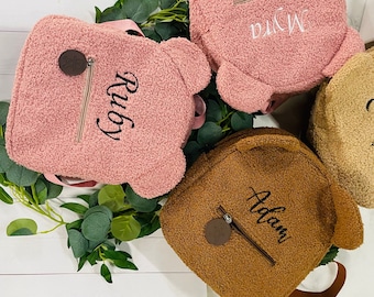 Personalized Embroidery Name Mini Children Toddler Teddy Bear Backpack, Kids Custom Name Plush Backpack Gift for Boys Girls Ladies