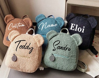 Personalized Name initial Mini Children Toddler Teddy Bear Backpack, Kids Custom Name Plush Backpack Gift for Boys Girls Ladies