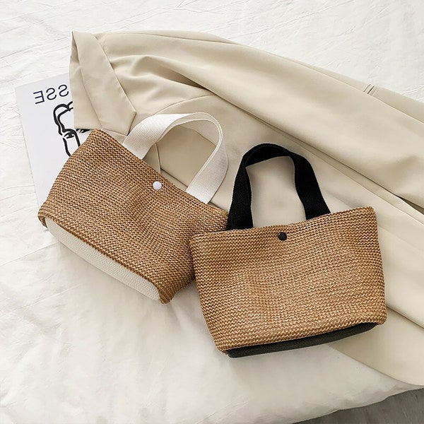 Borse di paglia tote piccole, borsa per il pranzo Eco Shopping Bag, borsa a tracolla casual all-match Borsa in tela in stile Boho, Picnic, Work & School / EcoNara