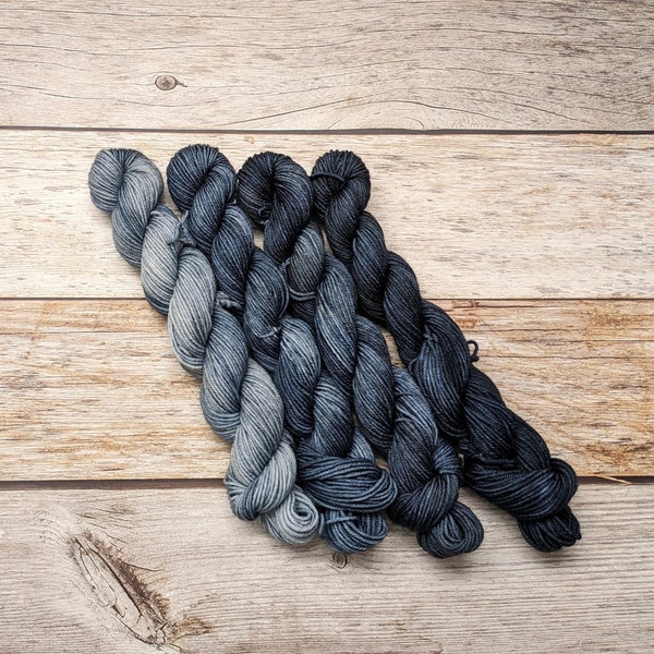 Denim Fade Minis || Blue Tonal Set || Hand Dyed Fingering Sock Yarn || Four 20g Minis || 75/25 SW Merino Wool and Nylon