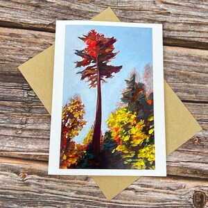 May include: A rectangular greeting card featuring an impressionistic painting of a tall, dark-trunked tree with deep red foliage centered against a light blue sky, flanked by smaller trees with vibrant yellow and orange autumn leaves.