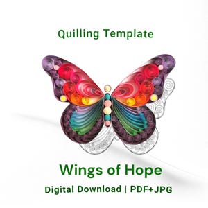 Könnte beinhalten: Eine farbenfrohe Quilling-Vorlage mit einem Schmetterlingsdesign. Der Schmetterling hat Flügel in Rot-, Orange-, Gelb-, Grün- und Lilatönen. Der Text "Quilling Template" und "Wings of Hope" sind oberhalb und unterhalb des Schmetterlings zu sehen.