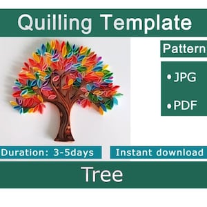 Könnte beinhalten: Eine farbenfrohe Quilling-Vorlage mit einem Baumdesign. Der Baum hat einen braunen Stamm und Äste mit leuchtenden Blättern in Rot-, Orange-, Gelb-, Grün-, Blau- und Lilatönen. Der Text "Quilling Template" und "Tree" sind angezeigt.