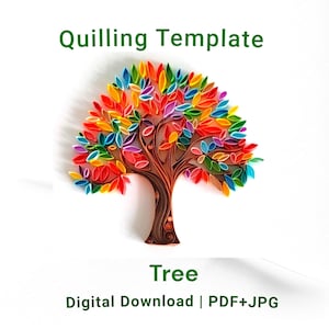 May include: A quilling template featuring a tree design with a brown trunk and colourful paper leaves in shades of red, orange, yellow, blue, and green. The text Quilling Template, Tree, and Digital Download | PDF+JPG is printed in green.