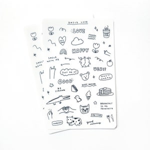 Folha de adesivos desenhados à mão da vida diária, adesivo decorativo de desenho de linha mínimo bonito para diário de bala, planejador, cartões de felicitações, álbum de recortes