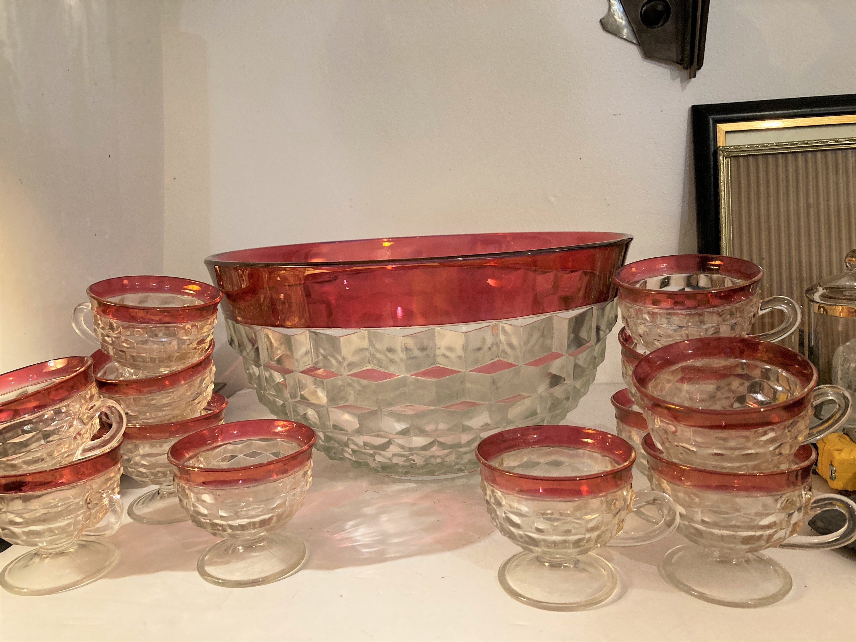 Ruby Red Punch Bowl With 12 White Milk Glass Cups Indiana Glass