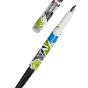 May include: A fountain pen with a detachable cap, featuring a white barrel decorated with colorful botanical and abstract patterns in green, blue, and black. The pen has a black tapered end, a silver-toned metal clip, and a silver-colored nib.