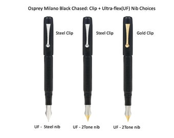 Osprey Milano Black Chased Ebonite Fountain Pen with Ultra-flex nib in Steel and 2-tone EEF/EF/F/M/B