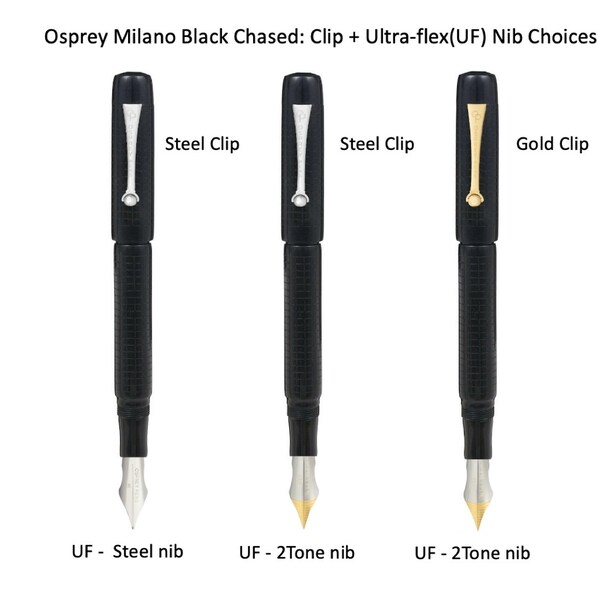 Osprey Milano Black Chased Ebonite Füllfederhalter mit Ultra-flex Feder in Stahl und 2-Ton EEF / EF / F / M / B