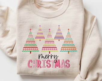 Sudadera de Navidad Pink Tree, sudadera de Feliz Navidad, lindo cuello redondo de Navidad, sudadera de árbol de Navidad, sudadera navideña para mujeres