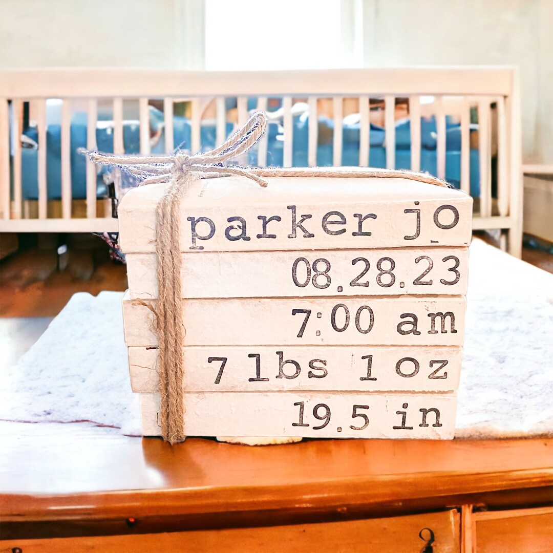 Birth Announcement Stamped Books, Newborn Keepsakes, Nursery Baby Decor