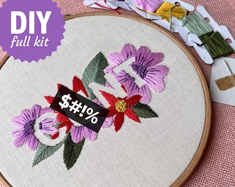 C*NT - Embroidery KIT: fabric, pattern, hoop, thread, needle & instructions (DIY Wall art, Modern font, Hand embroidery, Funny, Flowers)