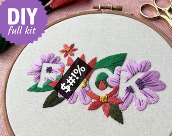 F*CK - Embroidery KIT: fabric, pattern, hoop, thread, needle & instructions (DIY Wall art, Modern font, Hand embroidery, Funny, Flowers)