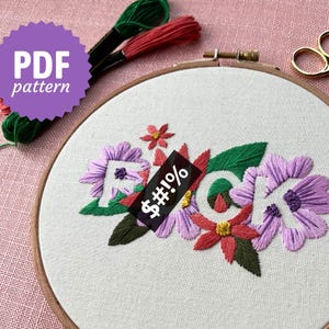 F*CK - Modèle PDF de broderie avec police moderne et instructions - Adapté aux débutants (Gros mot, Insultes, Adulte, Humour, Fleurs, Décoration murale)