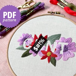 C*NT - Modern Font Embroidery PDF Pattern & Instructions - Beginner friendly (Swear word, Cussing, Adult, Funny, Flowers, Wall art)