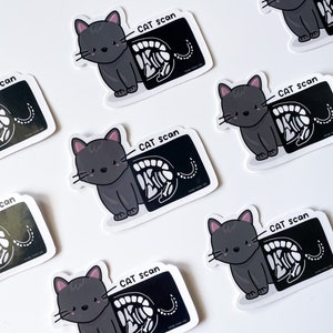 May include: Six black and white stickers featuring a cartoon cat with an x-ray image of its skeleton. Each sticker says "CAT scan" with a small logo in the corner.