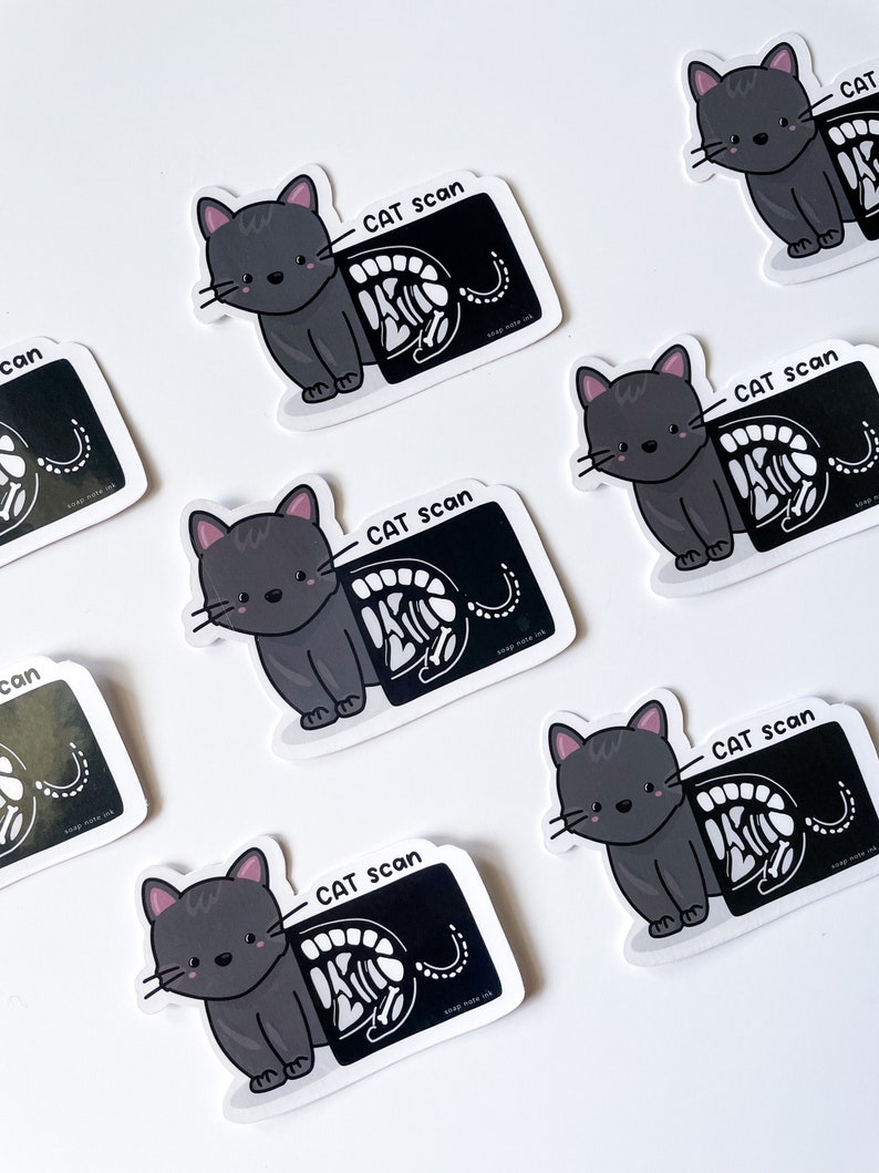 May include: Six black and white stickers featuring a cartoon cat with an x-ray image of its skeleton. Each sticker says "CAT scan" with a small logo in the corner.