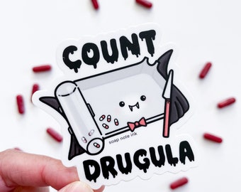 Hrabia Drugula - naklejka winylowa na Halloween, farmaceuta, student farmacji, lekarz, technik farmacji, lekarz, pielęgniarka, naklejka medyczna